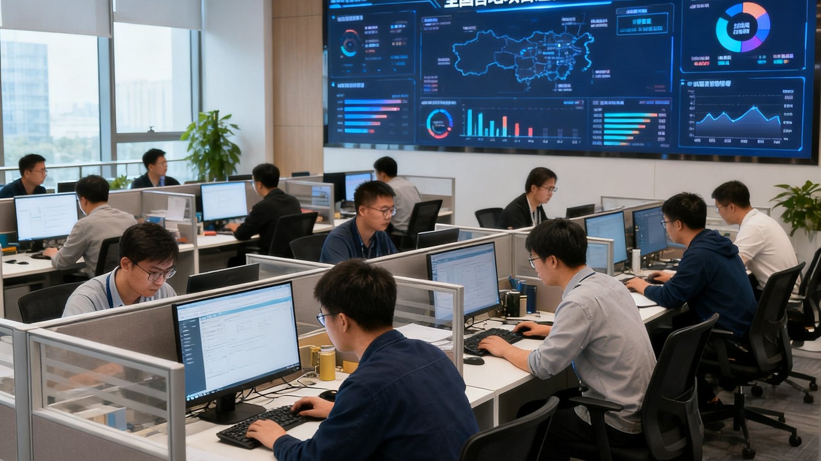 AGGAME深圳总部办公室内，数十名工程师在开放式工位上专注工作，背景墙上的大屏幕实时显示着全国各地项目的运行状态数据，整体氛围专业而充满活力。