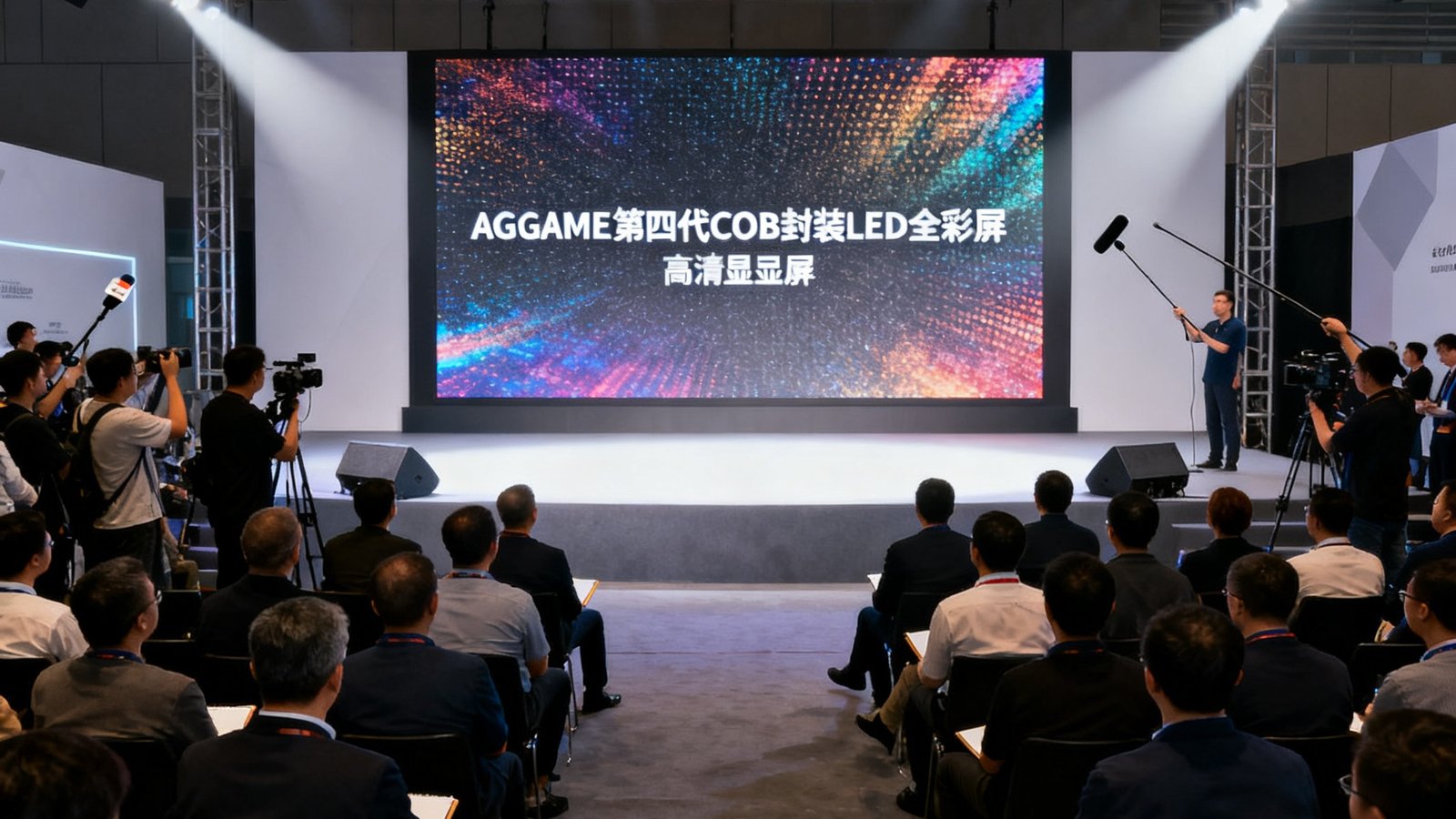 AGGAME第四代COB封装LED全彩屏新品发布会现场，舞台上展示着一块超高清显示屏幕，台下坐满了行业嘉宾和媒体记者。