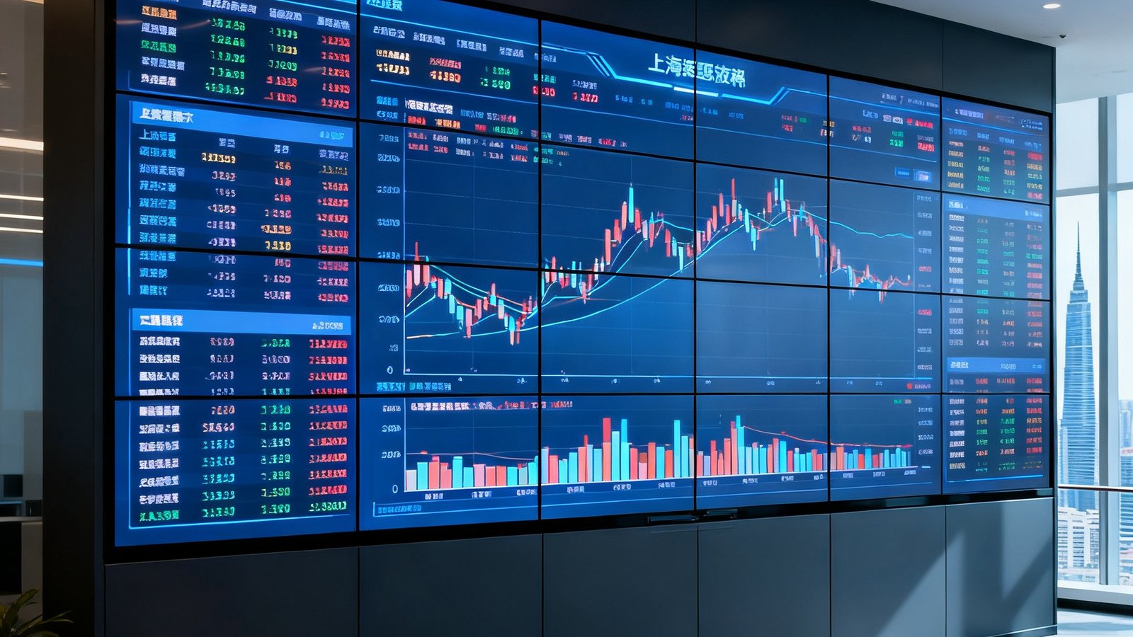 上海陆家嘴某金融中心交易大厅内，AGGAME液晶拼接屏组成的巨型数据展示墙已完成安装，屏幕显示着实时金融市场行情数据。