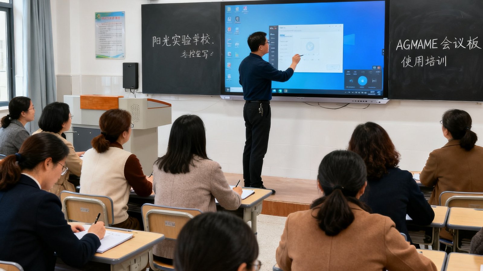 阳光实验学校的教师们在智慧教室中参加AGGAME会议平板使用培训，讲师正在演示触控书写和无线投屏功能，老师们认真记录操作要点。