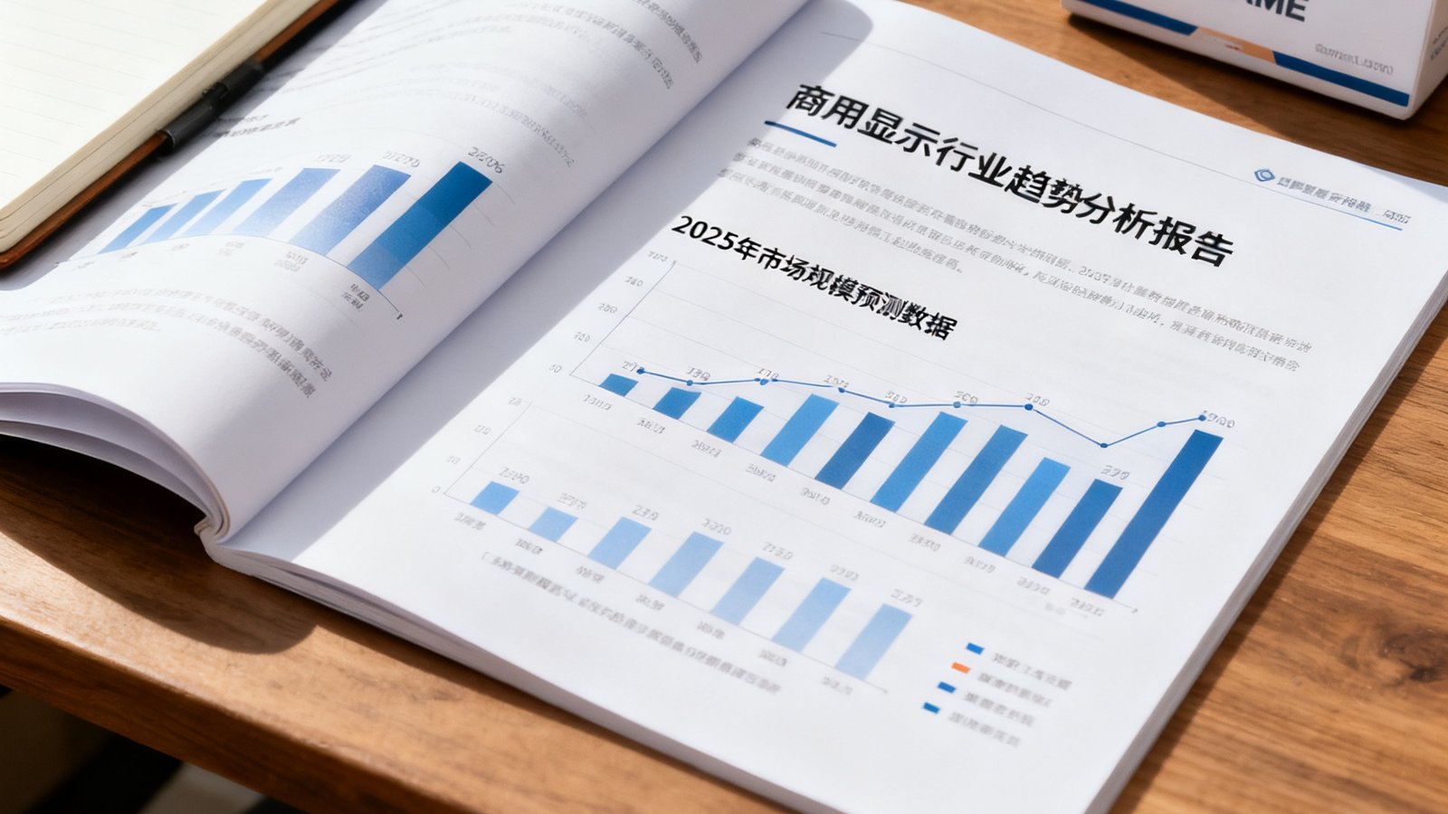 一份打开的商用显示行业趋势分析报告放在桌上，图表中显示着2025年市场规模预测数据，旁边放着AGGAME的产品样品和笔记本。