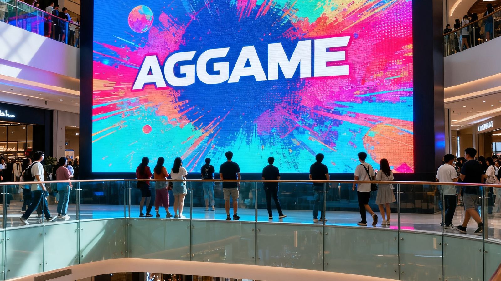 一块巨大的AGGAME品牌LED全彩屏安装在现代化商业综合体中庭，画面色彩鲜艳饱满，吸引众多顾客驻足观看，屏幕下方是玻璃护栏和穿梭的人流。