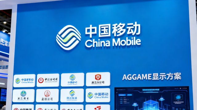 中国移动品牌标识展示，作为通信行业客户代表，其多个省级分公司采用了AGGAME显示方案。