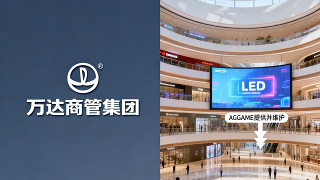 万达商管集团标识展示，其运营的多家万达广场中庭LED大屏由AGGAME提供并维护。