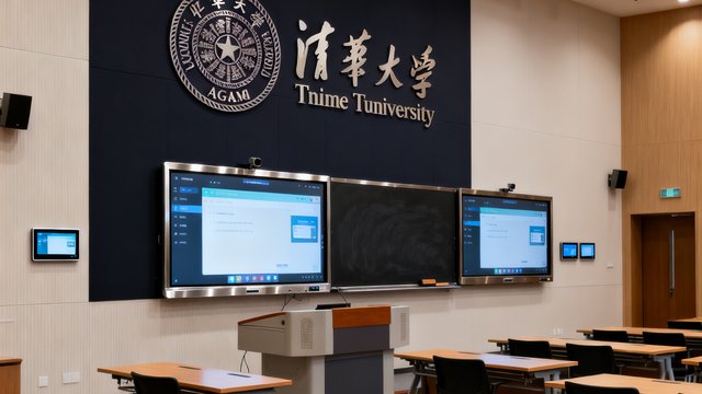 清华大学标识以深色调呈现，该校多间智慧教室和报告厅采用了AGGAME会议平板设备。