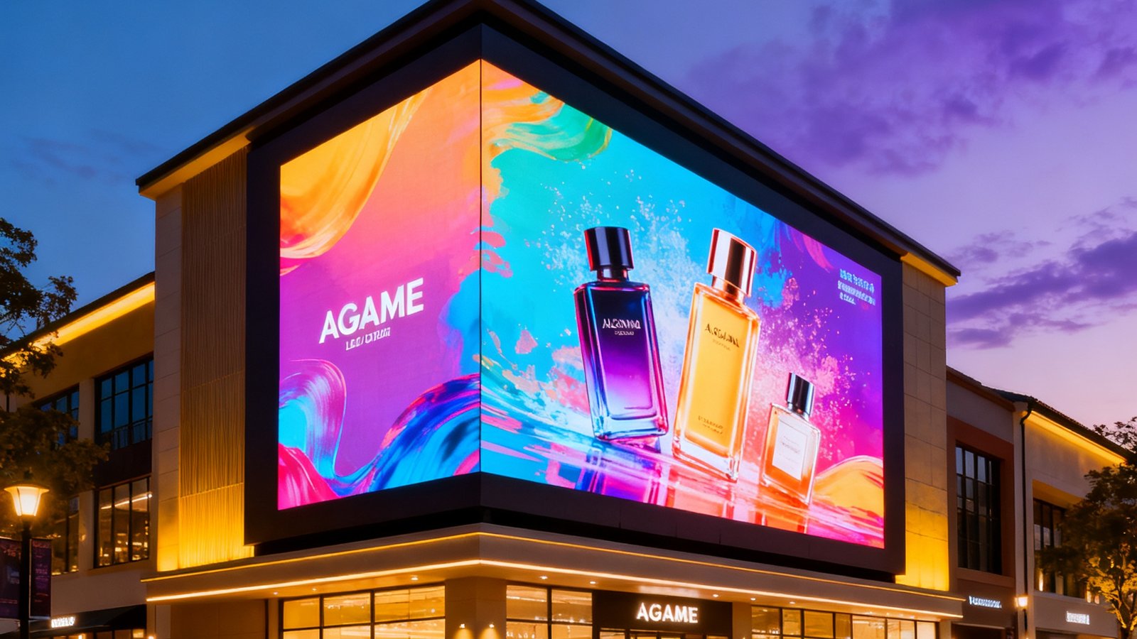 AGGAME户外LED全彩屏安装在商业街建筑外立面上，屏幕面积约60平方米，在傍晚时分显示着色彩绚丽的品牌广告，下方街道有行人经过。