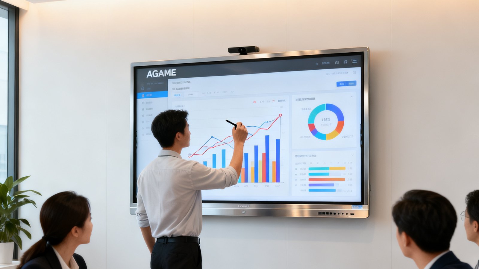 一间现代化企业会议室中，AGGAME智慧会议平板悬挂于墙面中央，屏幕展示着数据图表，旁边有参会者正在用触控笔在平板上进行标注操作。